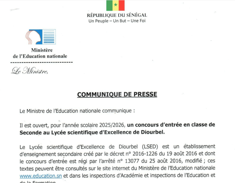 Concours d’entrée au Lycée Scientifique d’Excellence de Diourbel : l’appel à la nouvelle génération d’élites scientifiques est lancé